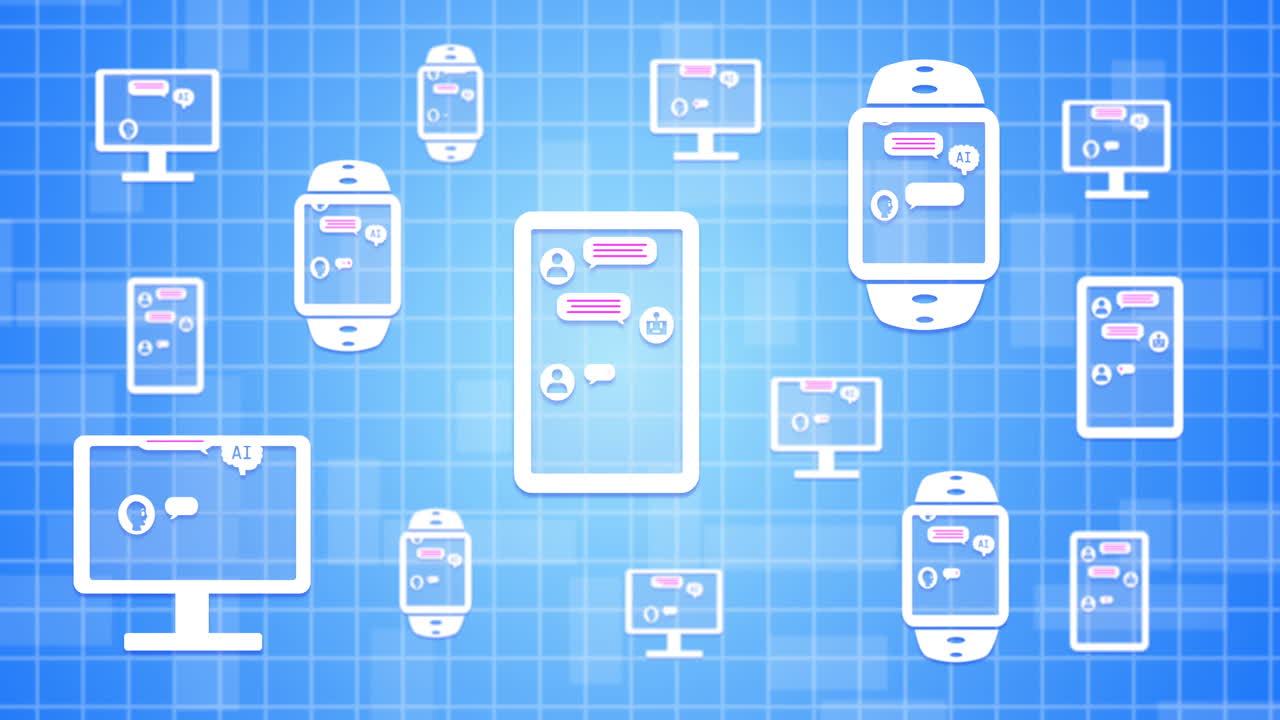 animación de las conversaciones de ai bot en pantallas sobre fondo azul.