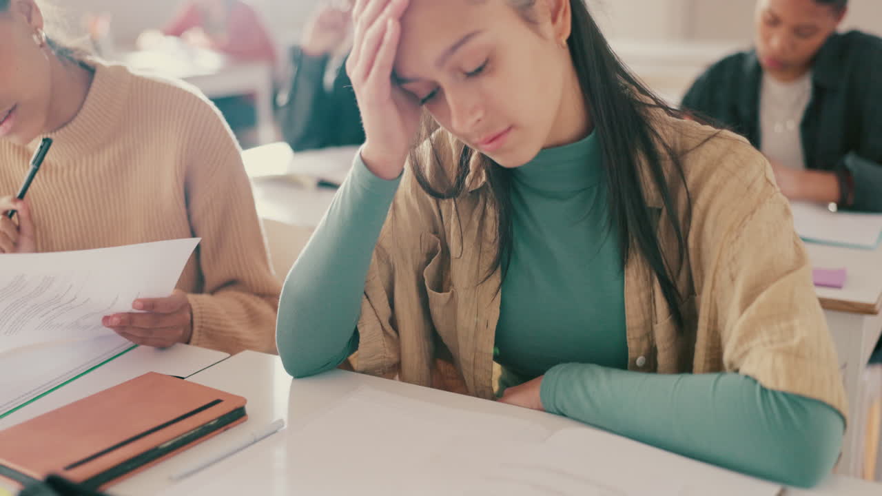 Scuola superiore, ragazza che scrive in classe