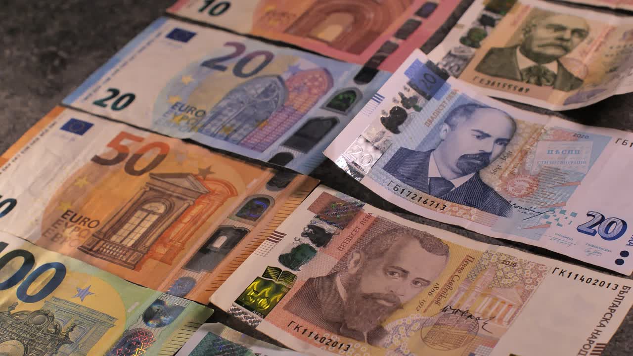 Bulgaria change currency, Bulgaria Lev to Euro. Money exchange. Paper banknotes on table. Concept, economy, competition, crisis, banking and finance. BGN,BGL. Scene H. Close up slide shot