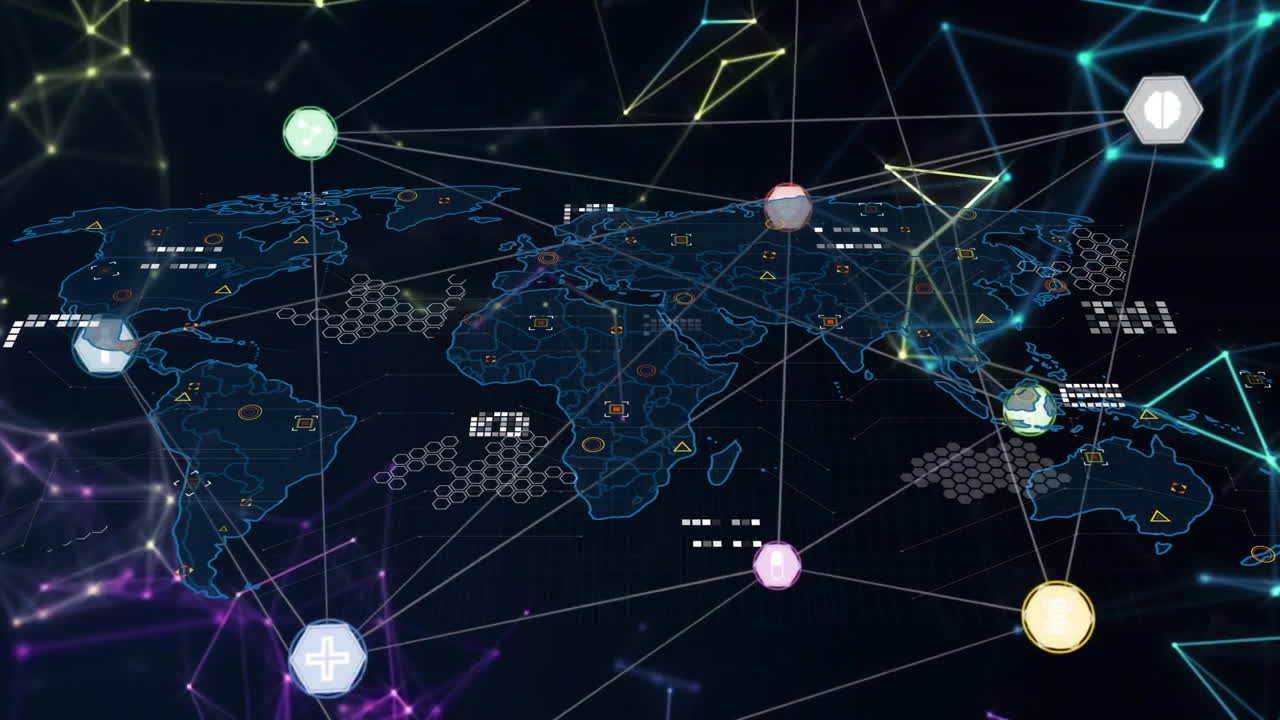 세계 지도를 통해 연결 네트워크와 데이터 처리의 애니메이션