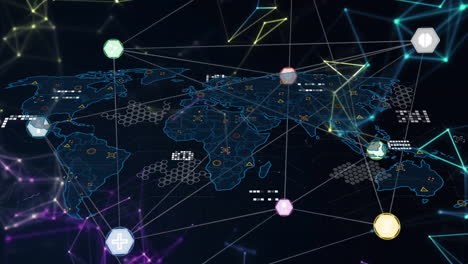 animación de la red de conexiones y procesamiento de datos sobre el mapa del mundo