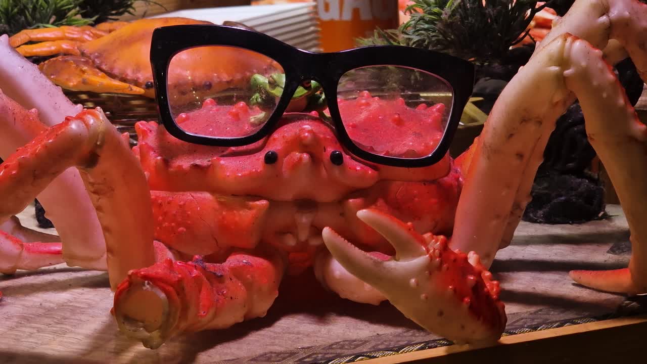 Granchio con occhiali in esposizione in un ristorante in Giappone, primo piano.