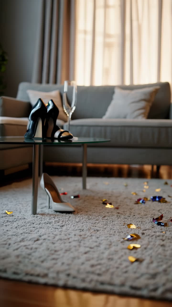 Party shoes and confetti on the carpet in front of a grey sofa