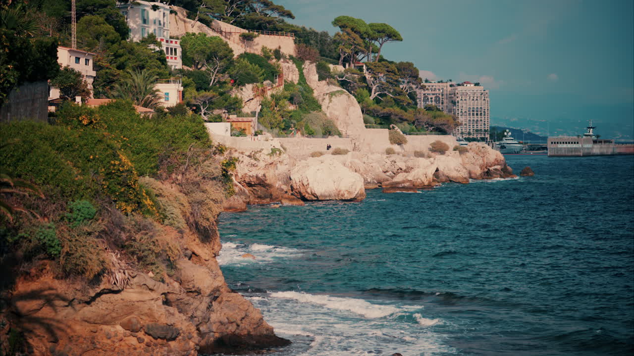 View of waves hitting the shore at the Cap de Nice, France