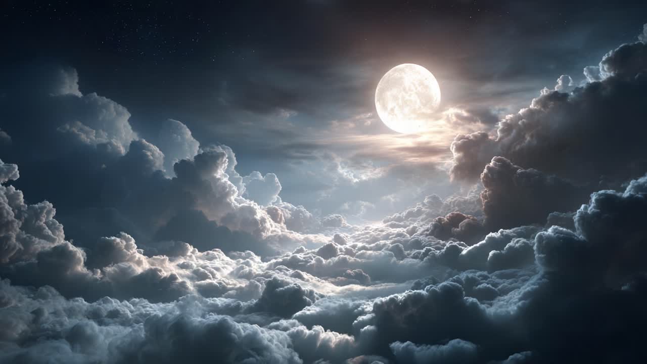 A Stunning Celestial Scene Illuminated by a Bright Full Moon Over a Sea of Luscious Clouds, Capturing the Beauty of Nighttime Sky Dynamics