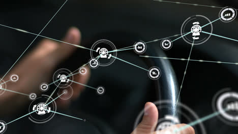 animation of network of connections over hands of caucasian man driving car