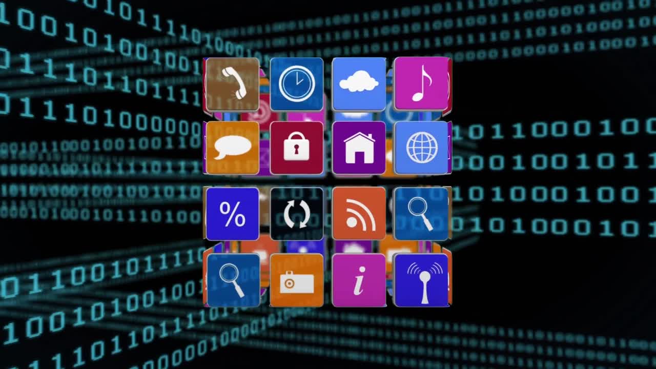 Internet icons and symbols on rotating cube