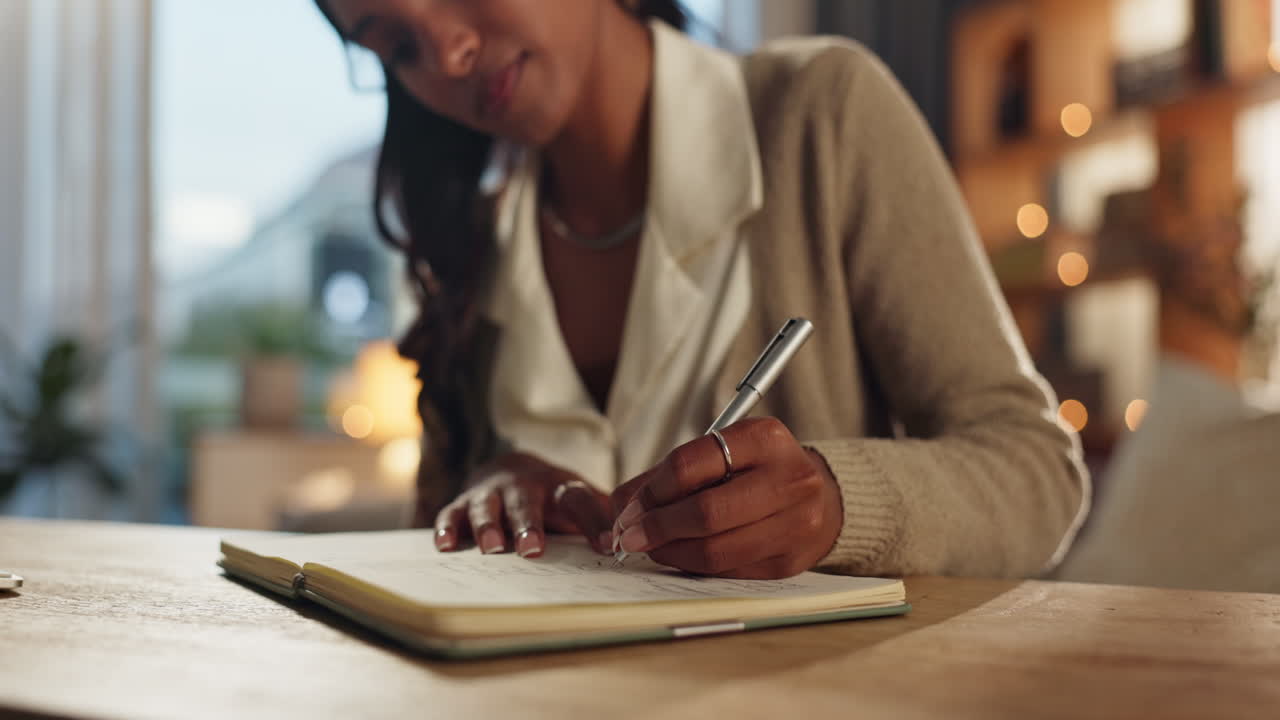 Woman writing in a notebook at her desk