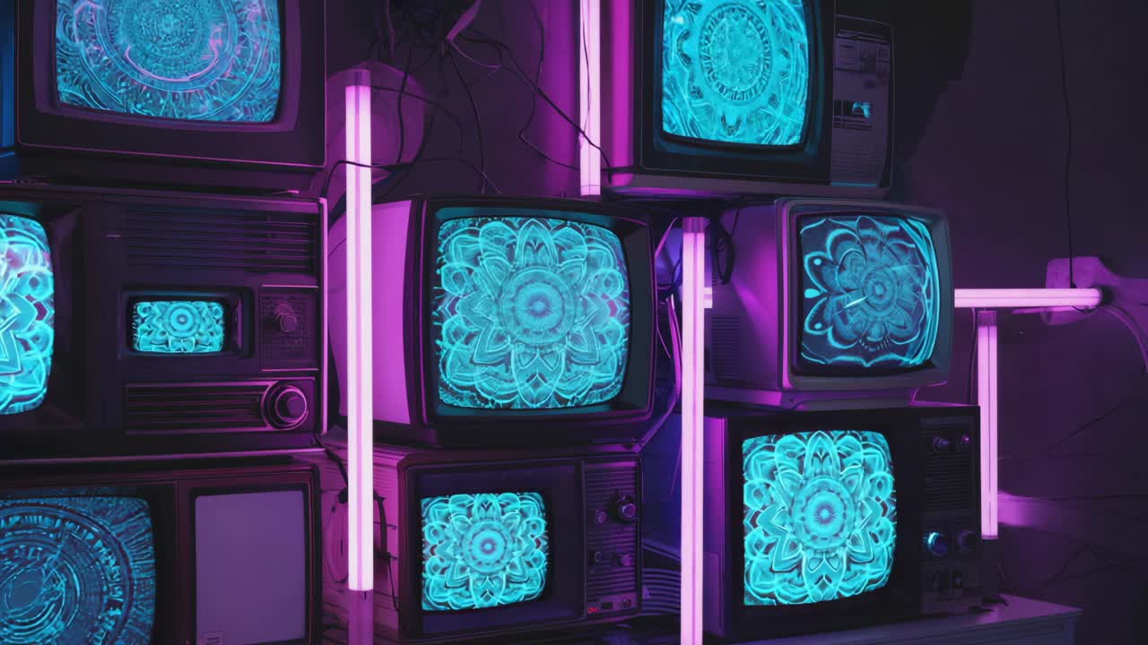 A stack of retro televisions with neon lights