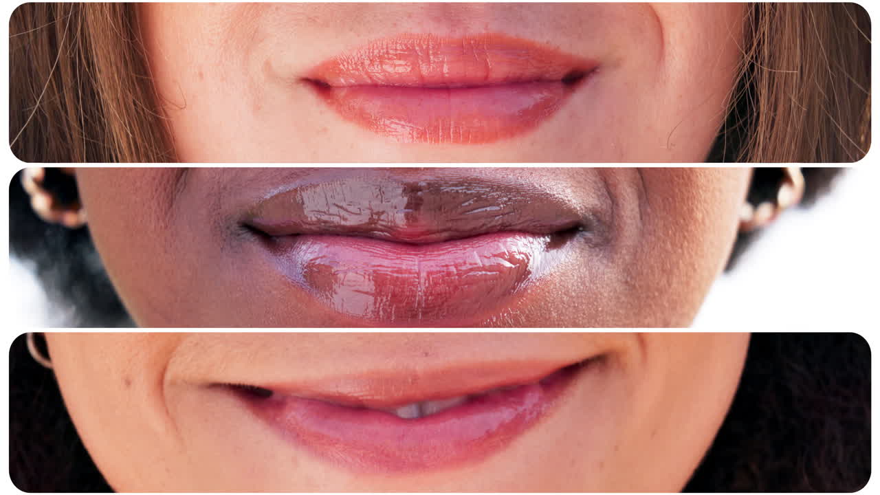 미소, 행복하고 도시에서 여성의 입의 클로즈업