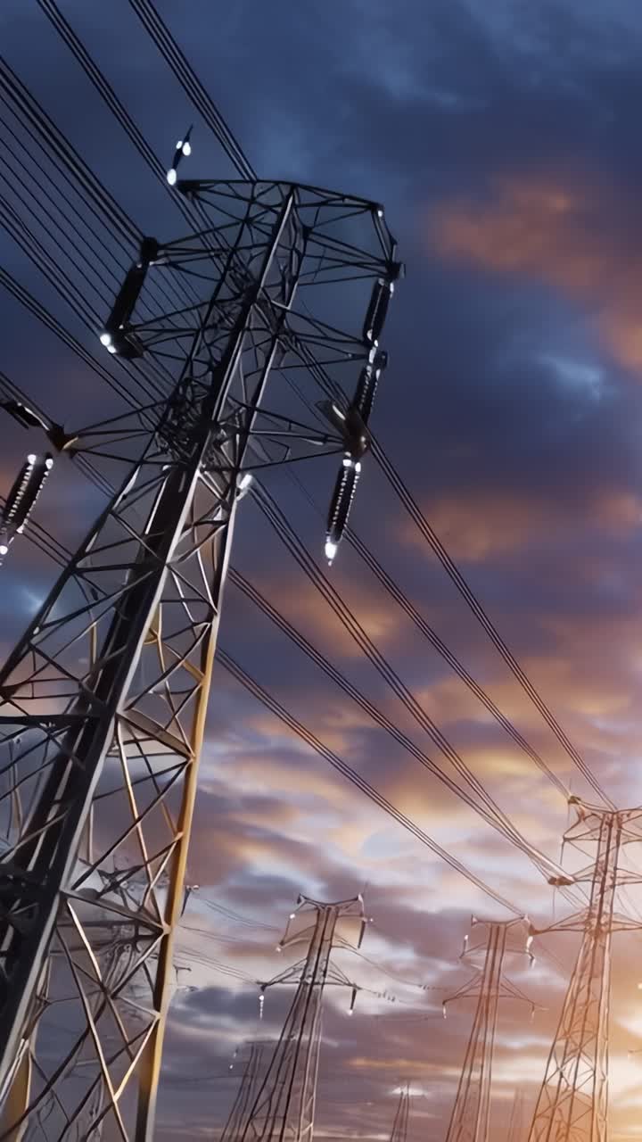 Dramatic Evening Sky with High Voltage Power Lines Silhouetted Against a Colorful Horizon, Capturing the Energy of Modern Infrastructure and Nature's Beauty