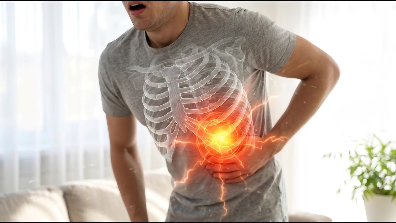 Young Man Experiencing Severe Abdominal Pain with Digital Anatomy Overlay