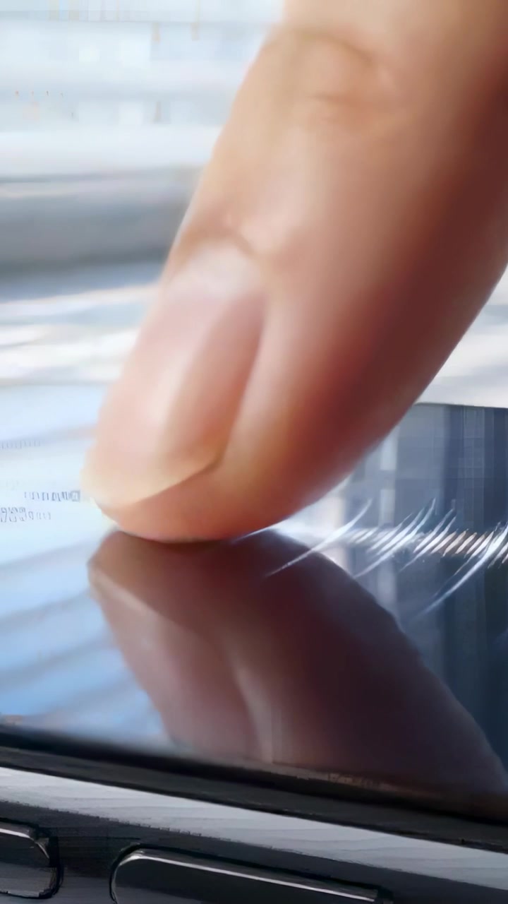 Vertical video: Pausing right fingertip moving down pressing screen by blinds to tap making ripples