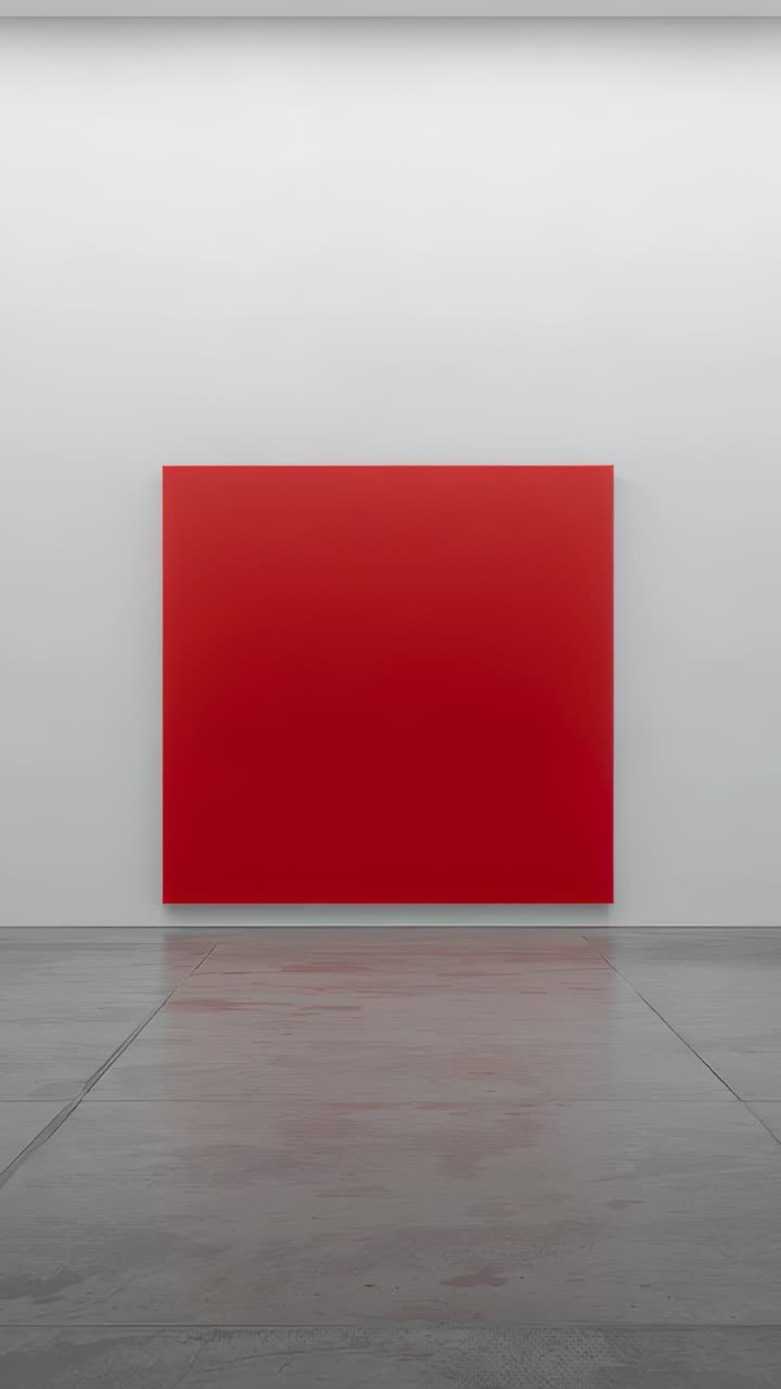 Vertical video: Pulling back camera after frame change at gallery, revealing red square painting