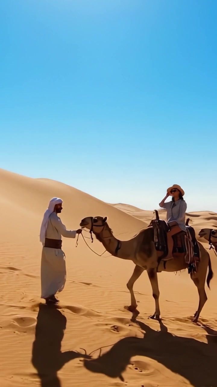 Un viaggio attraverso il deserto: una donna che cavalca un cammello tra dune maestose sotto un cielo azzurro limpido, vivendo la bellezza della natura e dell'avventura