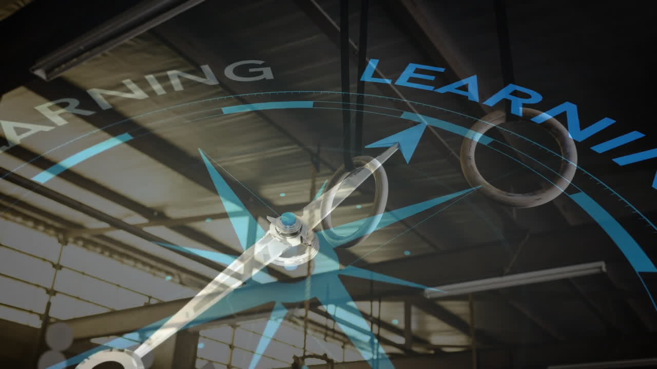 animación de la brújula con texto de aprendizaje sobre la fábrica