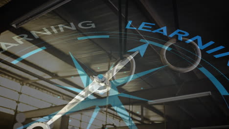 Animation of compass with learning text over factory