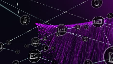 Animation of network of connections over purple energy on black background