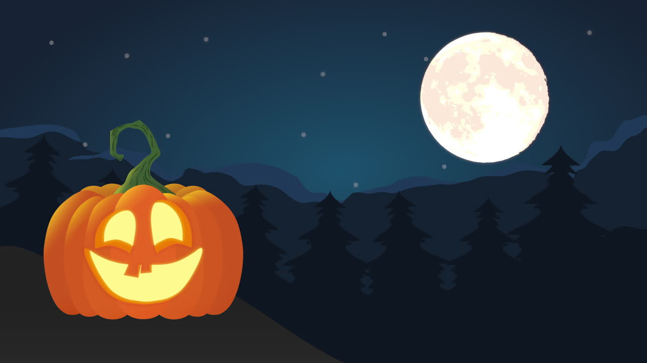 celebración de halloween con escena nocturna y calabaza, animación