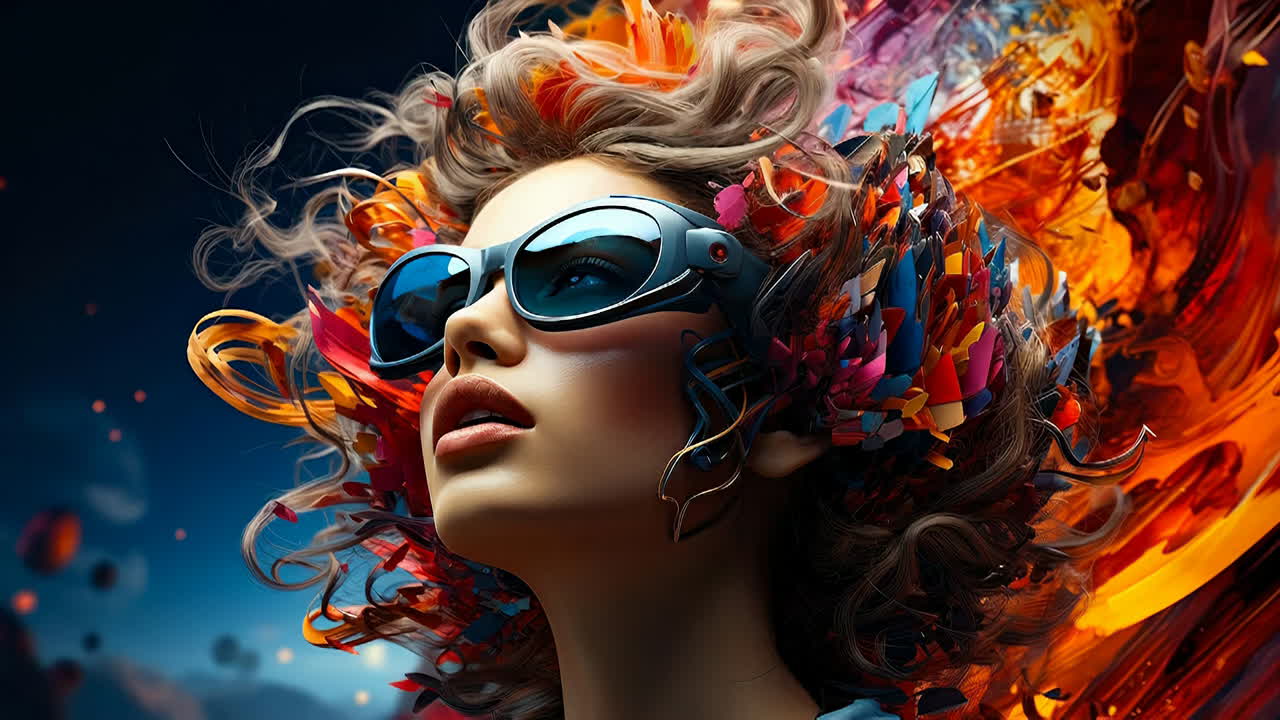 Colorful-haired woman in art. A woman with unique hair design and sunglasses stands against a vibrant art background. Bright colors surround her