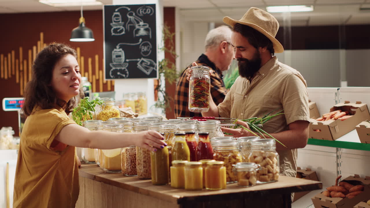 магазинщик предлагает продукты клиентам.
