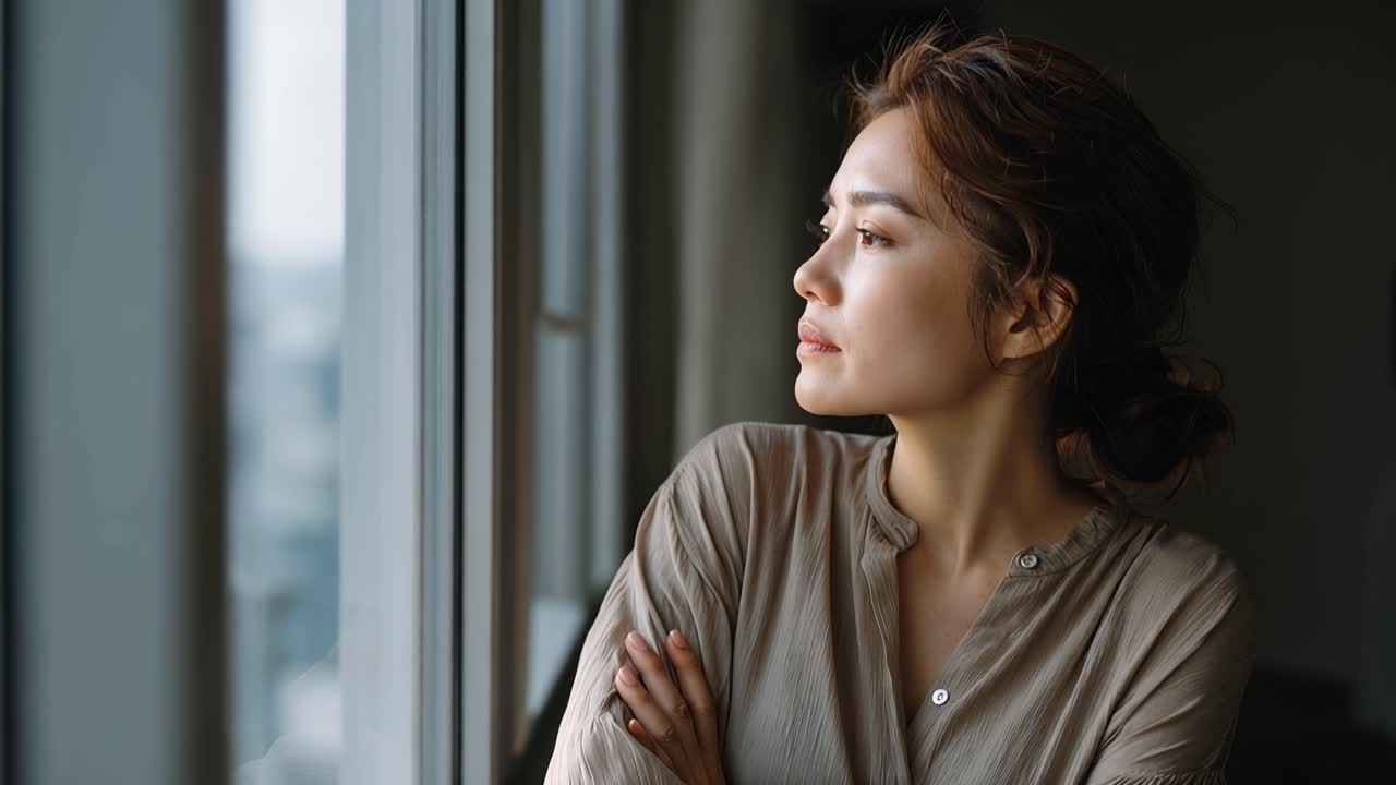Soft light filters through tall window frame. Woman gazes thoughtfully outward, arms crossed. Serene expression suggests quiet reflection or longing. Ideal for scenes of solitude, contemplation