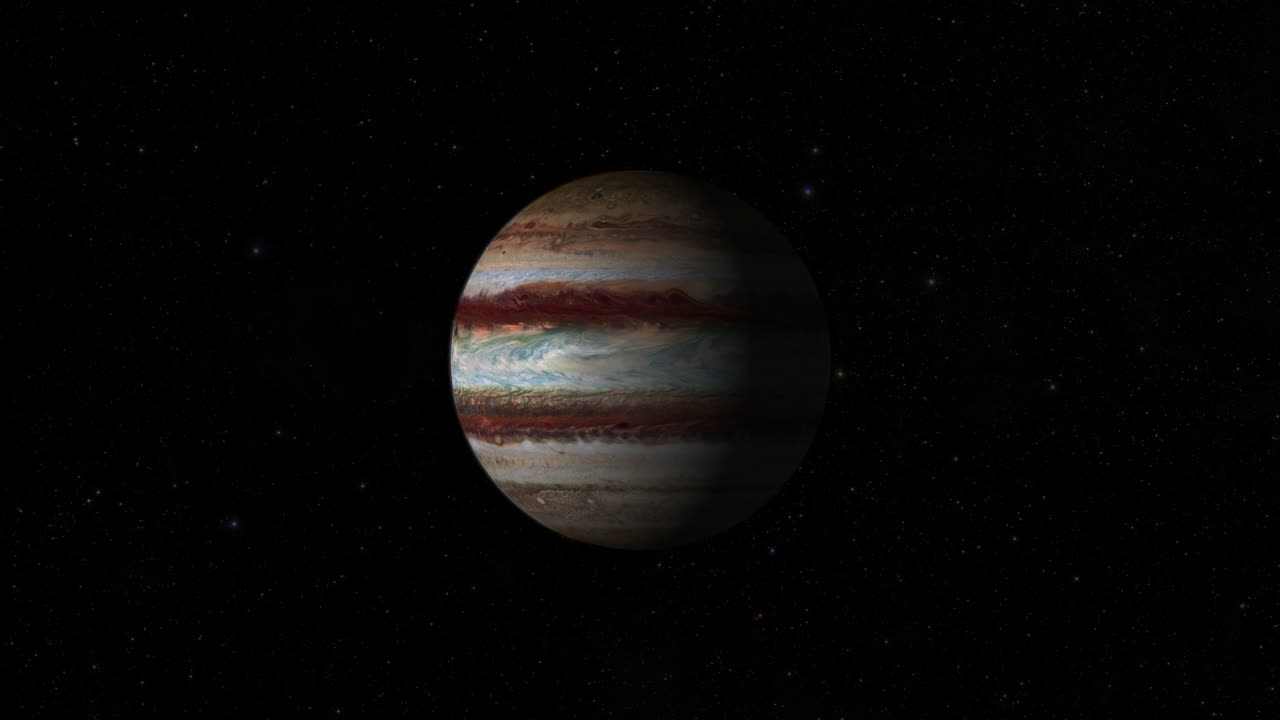 compuesto cgi: planeta júpiter girando, toma de centro a ancho, medio iluminado con un fondo estrellado