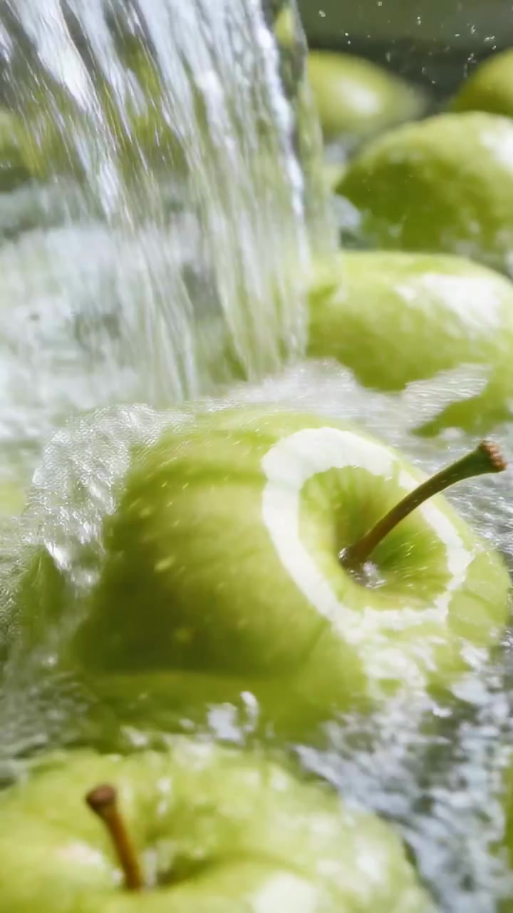 Video verticale: Flusso d'acqua che sciacqua mele verdi nel lavello per lavare la frutta, facendole ondeggiare