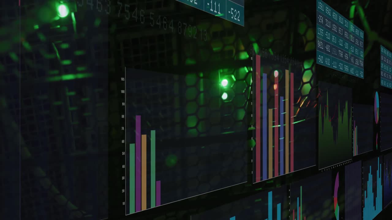 animación del procesamiento de datos estadísticos frente al primer plano de un servidor informático.