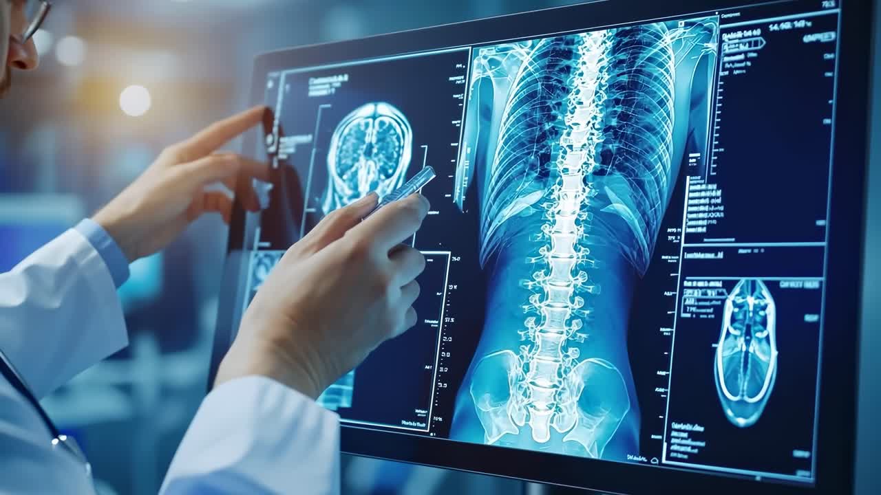 Close-up angle of a doctor analyzing spinal X-rays on a digital screen, showcasing advanced medical