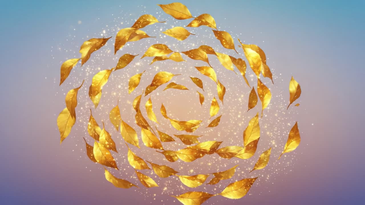 A Beautiful Spiral Formation of Golden Leaves Against a Soft Gradient Background, Captivating the Essence of Autumn and Natural Elegance