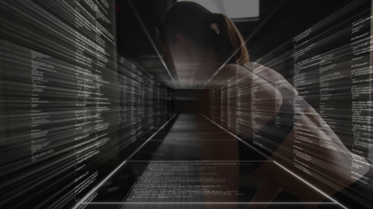 Woman bending forward with hands behind head in gym, hands activating code tunnel for fitness