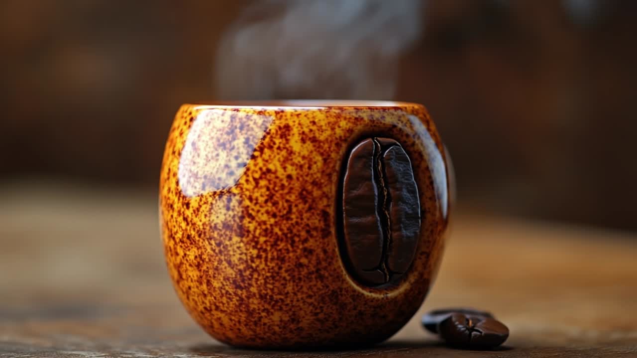 Warm cup of coffee with steam rising. A handcrafted ceramic cup holds steaming coffee on a rustic wooden table, with a coffee bean nearby.