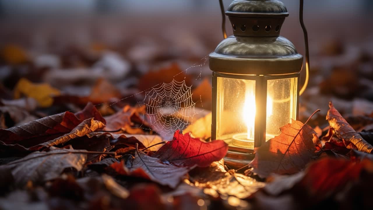Una lanterna calda che illumina le foglie autunnali, catturando l'essenza della bellezza e della tranquillità della natura nell'abbraccio della morbida luce serale.