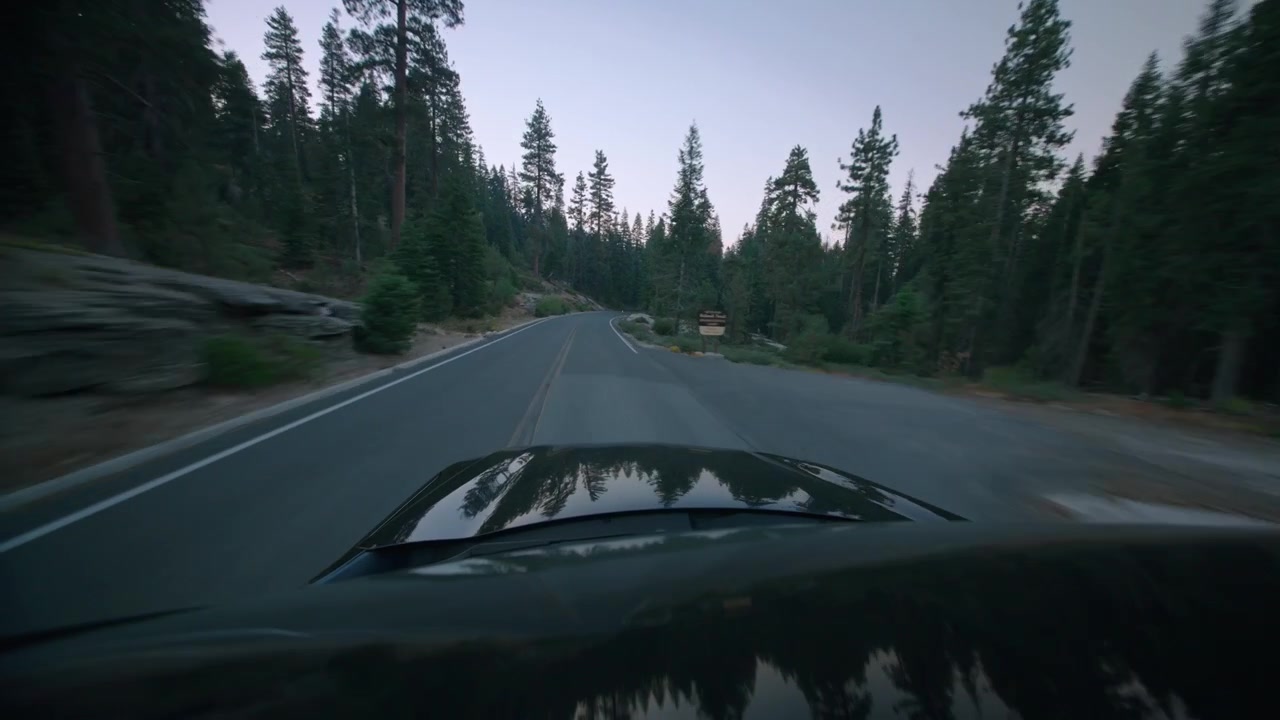 Una telecamera montata sul cofano cattura un'auto che percorre una strada forestale al crepuscolo sotto imponenti sequoie