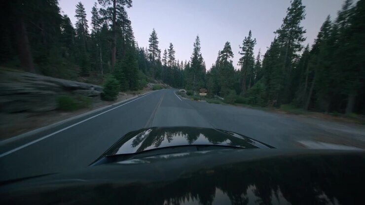 Una telecamera montata sul cofano cattura un'auto che percorre una strada forestale al crepuscolo sotto imponenti sequoie