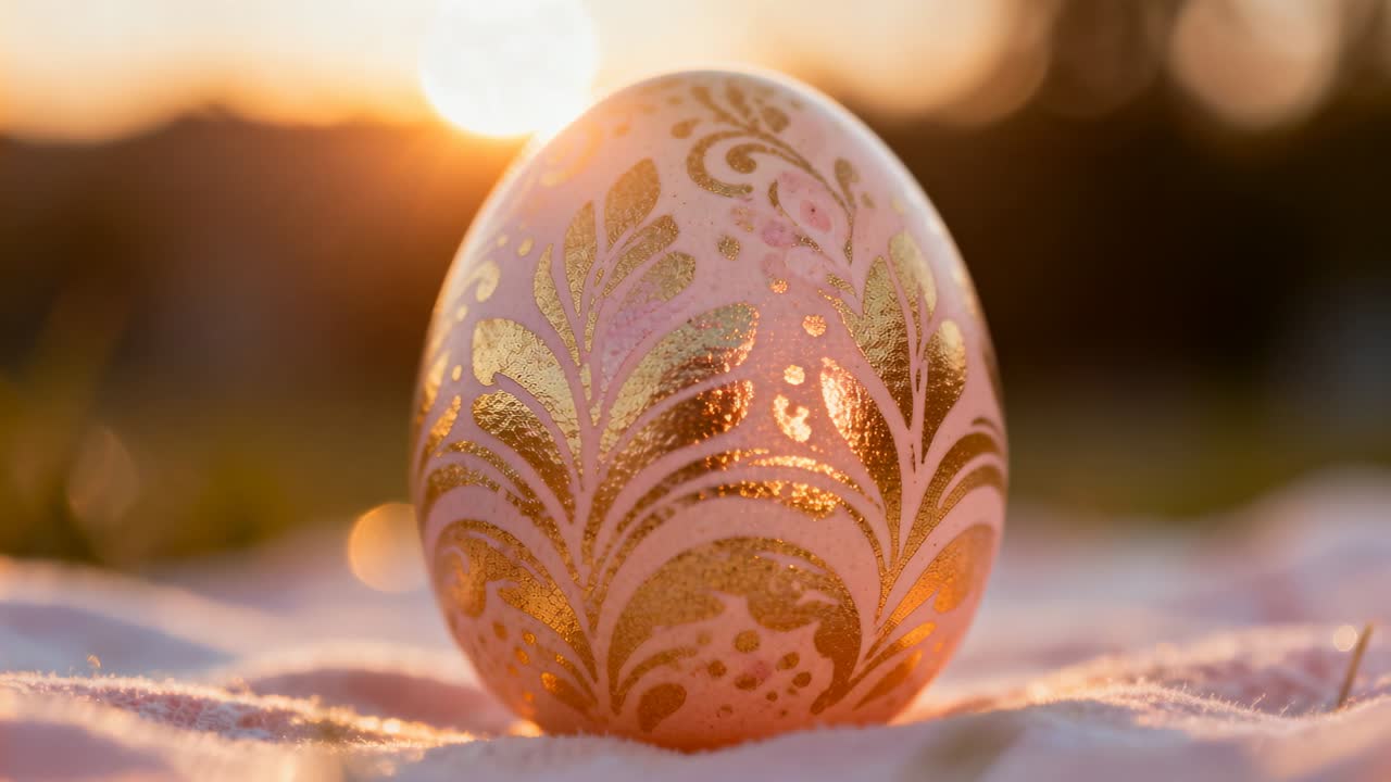 Gleaming pink egg upright on soft cloth during golden hour, sunlight making gold filigree sparkle