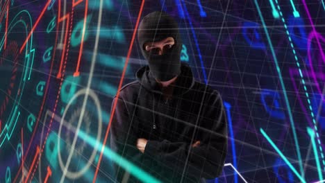 Animation-of-neon-shapes-over-caucasian-male-hacker-in-mask