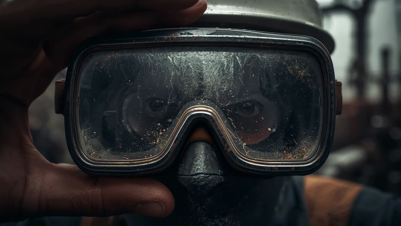 Holding goggles to camera, worker in hardhat mask adjusting, peering, preparing for task at plant
