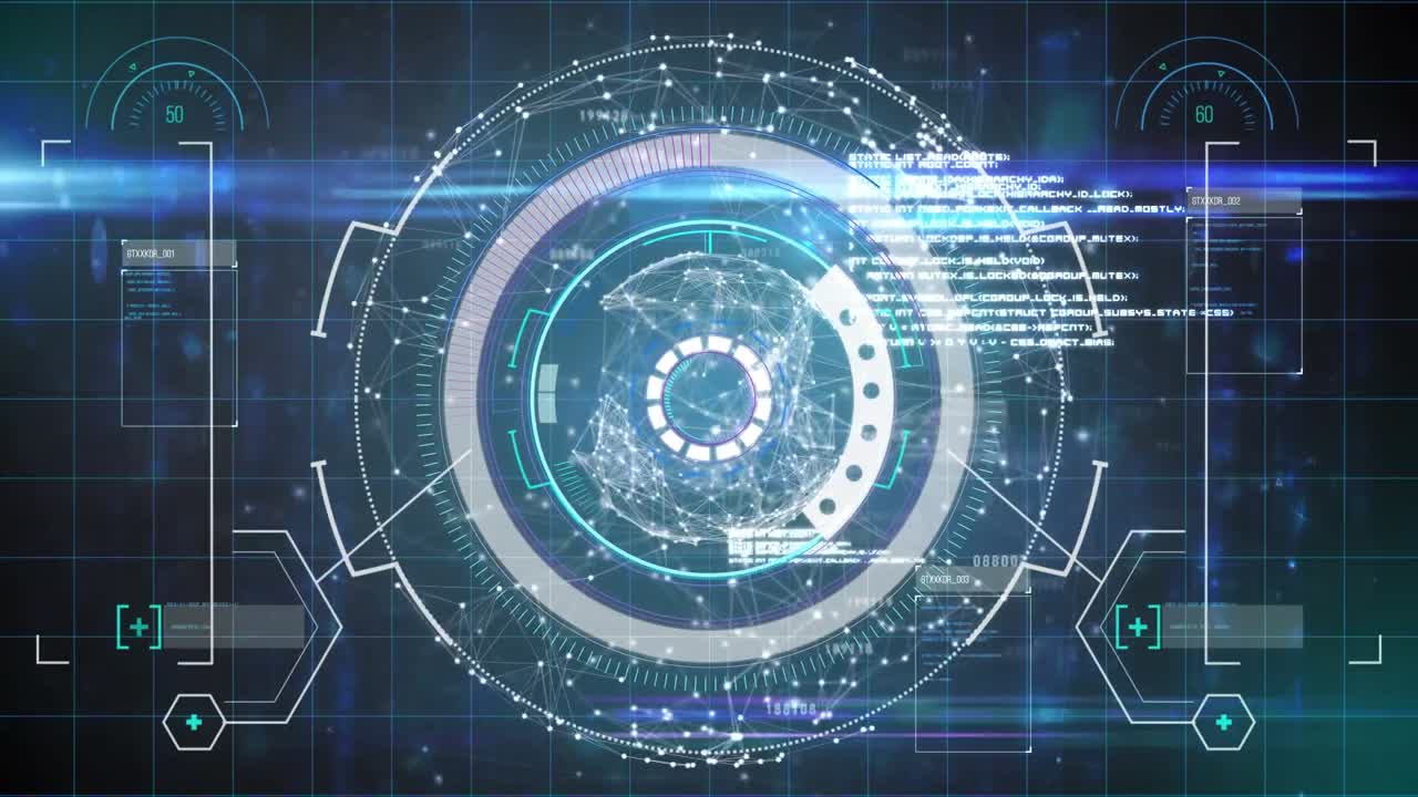 Animation of scope scanning and data processing over grid in background