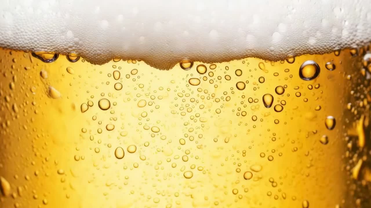 Close-up video shot of a frothy beer glass, capturing bubbles rising in golden liquid