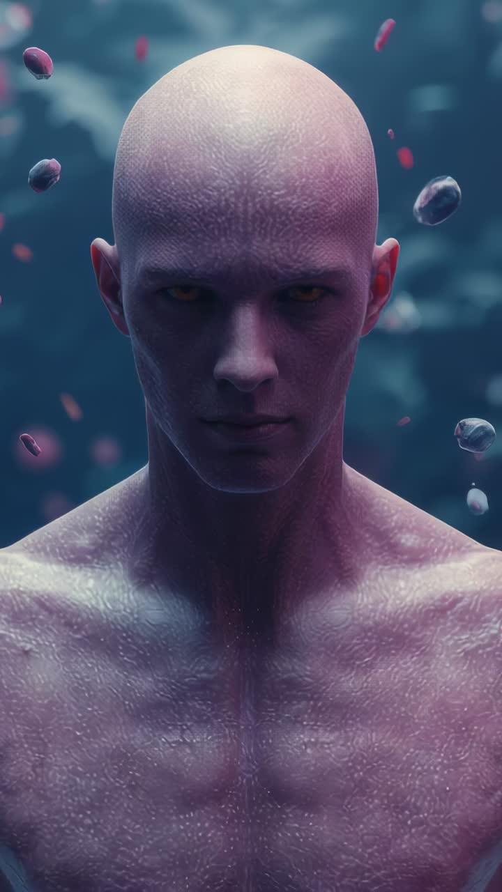 Vertical video: Key light rising causing bare purple man narrowing eyes in studio, shards drifting