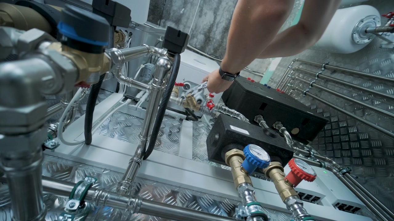 Technician Adjusting Valves on Industrial Heating System