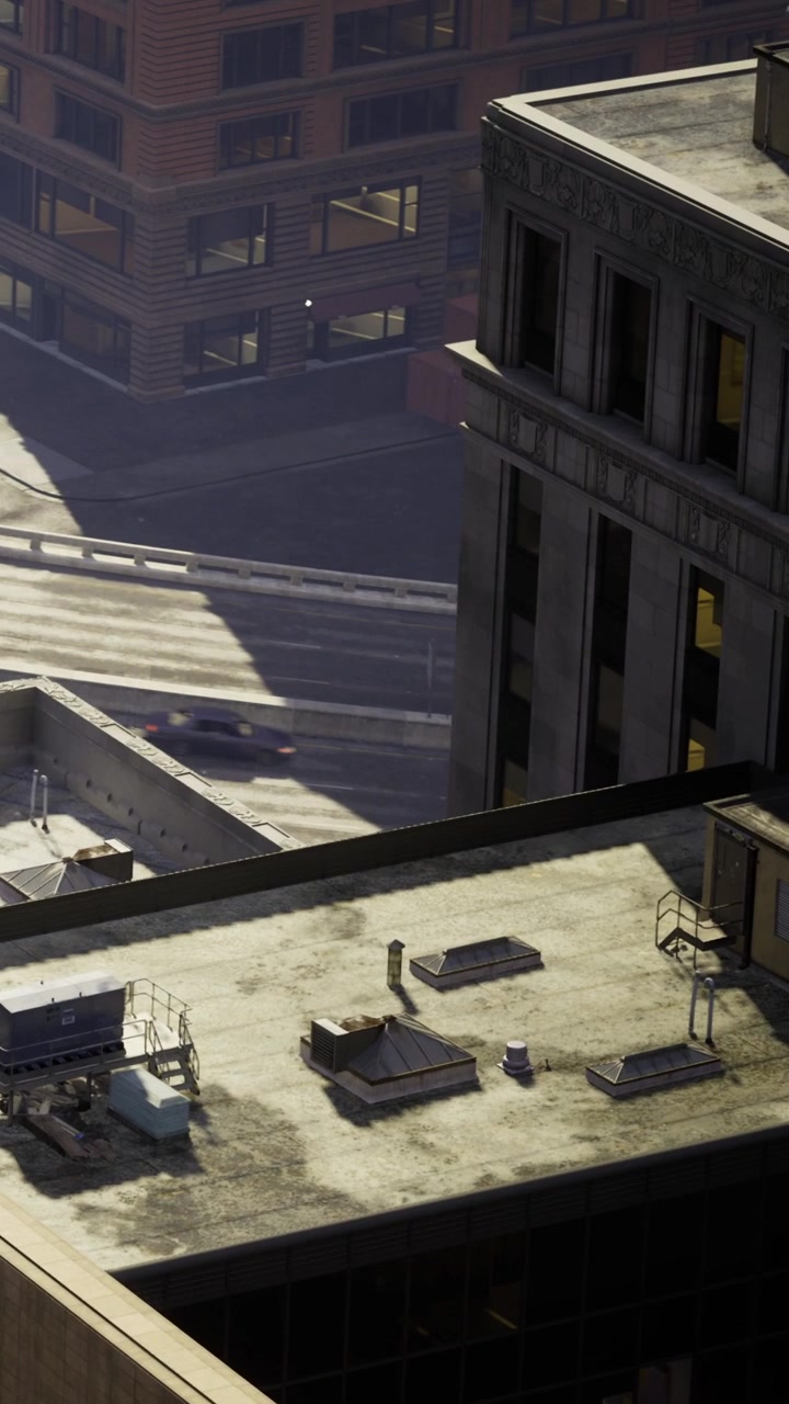 City rooftops with street view and red vehicle during daylight hours