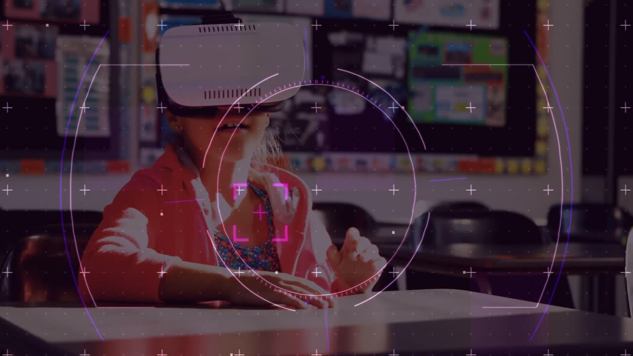 vr 헤드 ⁇ 을 착용하고 손을 움직이는 여학생을 스캔하는 범위의 애니메이션
