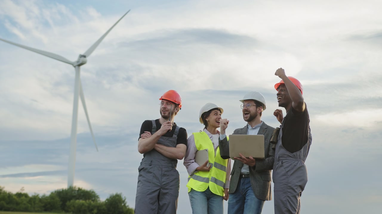 Engineers celebrate project completion near wind turbines one holding laptop their success reflects