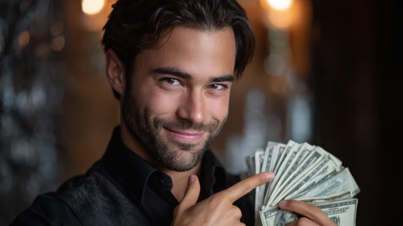 Uomo sicuro di sé che tiene in mano dei contanti con un sorriso giocoso, mostrando una manciata di soldi mentre indica, incarnando temi di ricchezza, successo e sicurezza di sé