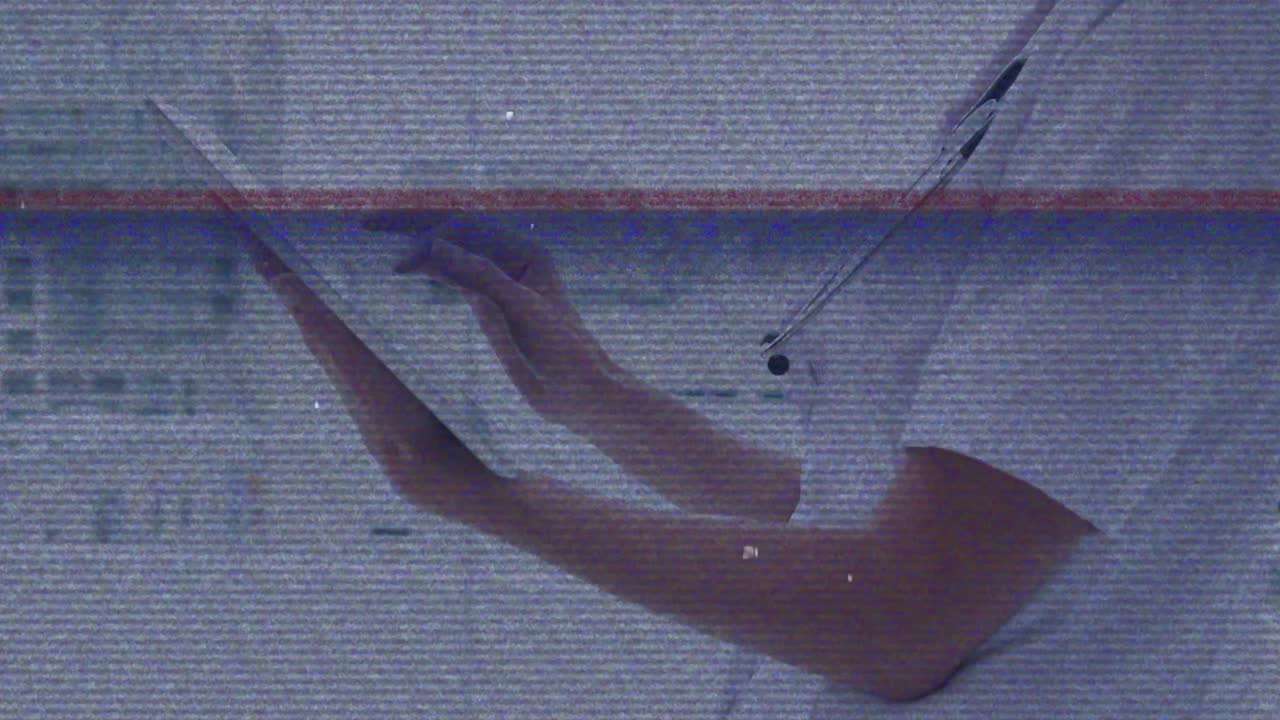 Animation of screen with glitch over caucasian female doctor using tablet