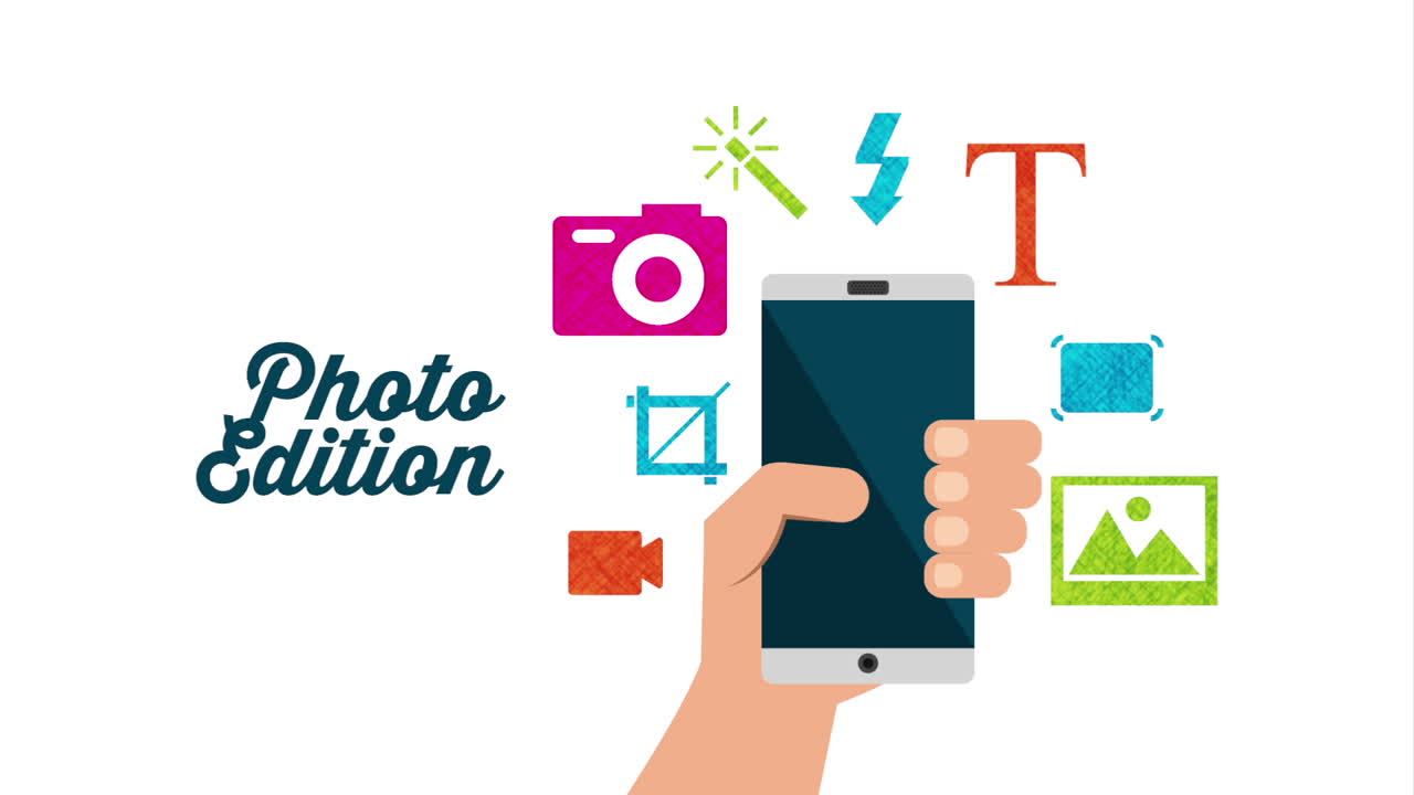 사진 편집 앱과 함께 스마트폰을 사용하는 손