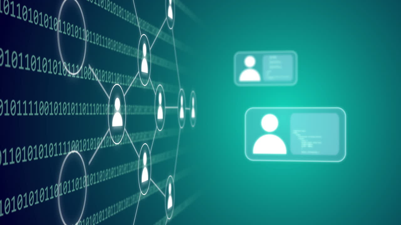 animación de la red de conexiones con iconos de medios sobre el procesamiento de datos en fondo azul.